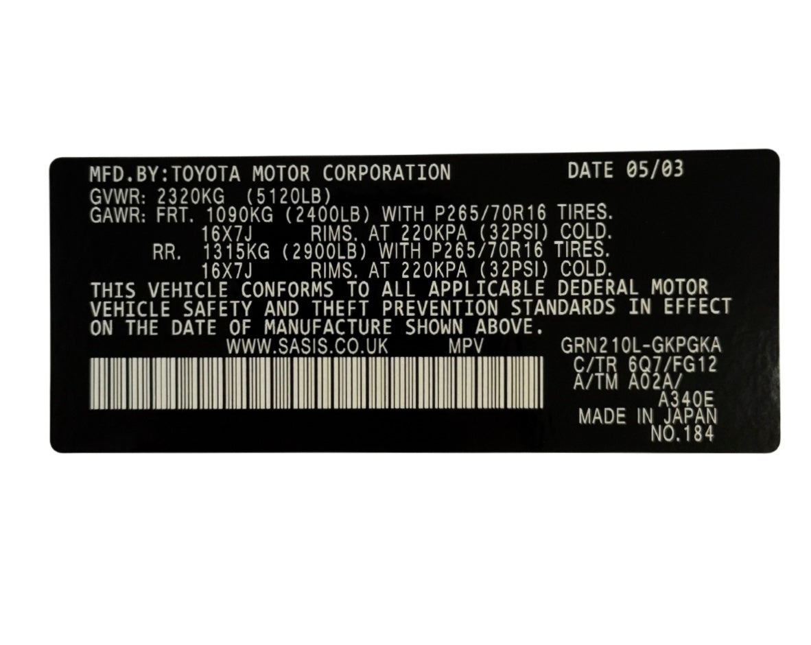 OLD TOYOTA VIN STICKERS