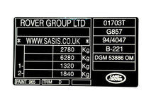 P38 RANGE ROVER VIN STICKERS
